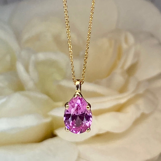 Pink Sapphire Statement Necklace 14K Yellow Gold, Gemstone Gold Minimalist Necklace, October Birthstone Necklace, Layering Pendant, #7032