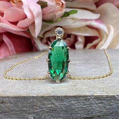 Emerald Pendant, Vintage Style Necklace, Elongated Oval Pendant, Rose Cut Emerald Necklace, Diamond Pendant, 14K Yellow Gold #6913