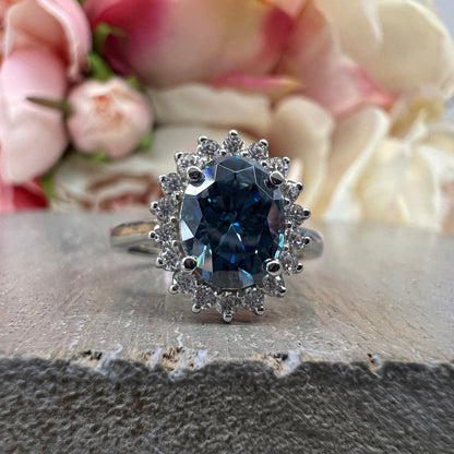 Blue Grey Moissanite Oval Cut Halo White Gold Blue Gray Moissanite Engagement Ring Unique Blue Gray Anniversary Wedding Promise Rings