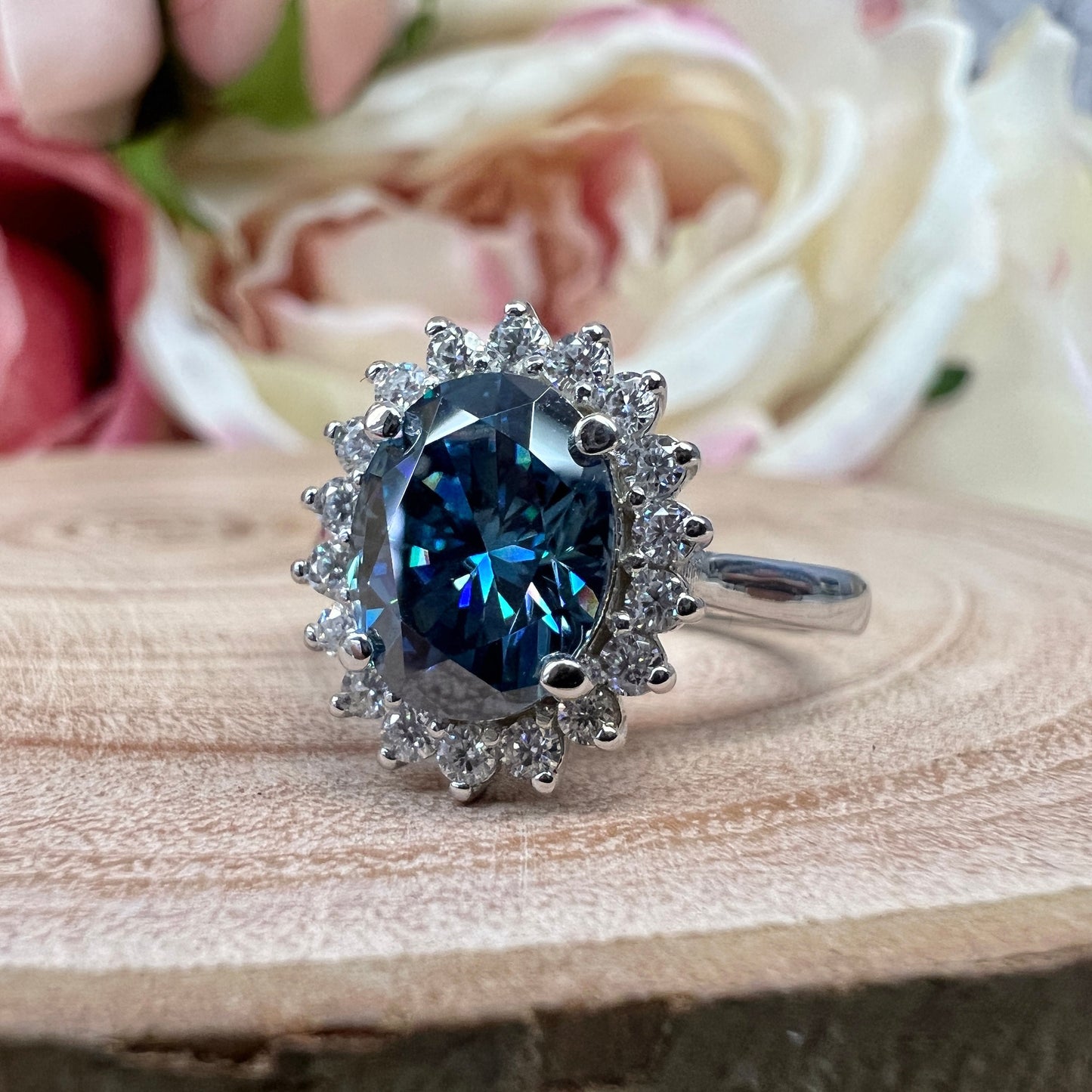 Blue Grey Moissanite Oval Cut Halo White Gold Blue Gray Moissanite Engagement Ring Unique Blue Gray Anniversary Wedding Promise Rings