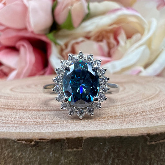 Blue Grey Moissanite Oval Cut Halo White Gold Blue Gray Moissanite Engagement Ring Unique Blue Gray Anniversary Wedding Promise Rings