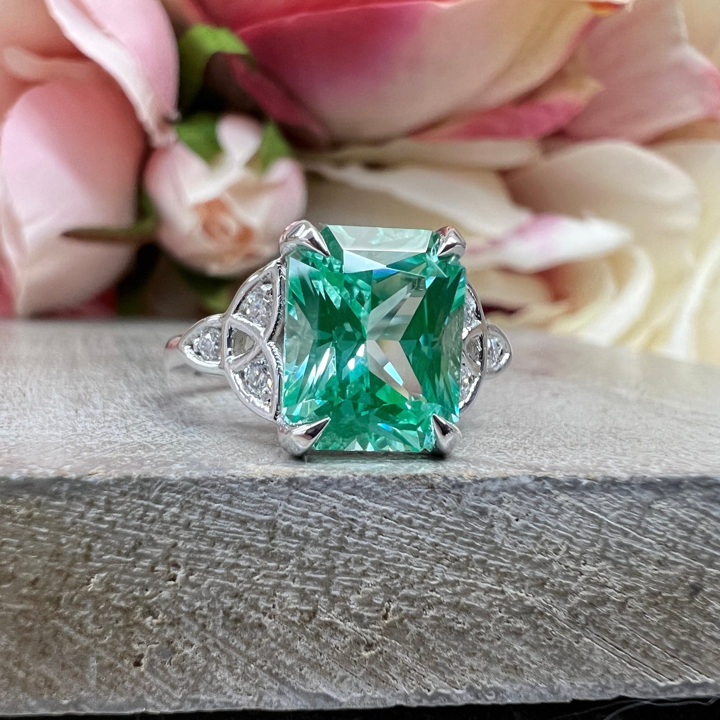 Radiant Cut Paraiba Tourmaline And Moissanite Engagement Ring 14K White Gold Celtic Engagement Ring Unique Vintage Wedding Anniversary  7393