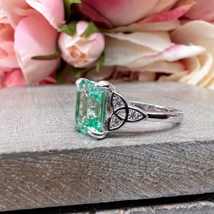 Radiant Cut Paraiba Tourmaline And Moissanite Engagement Ring 14K White Gold Celtic Engagement Ring Unique Vintage Wedding Anniversary  7393