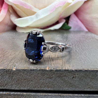 Blue Sapphire Elongated Cushion Cut Engagement Ring White Gold Unique Vintage wedding Promise Anniversary Ring For Women Blue Sapphire #7420