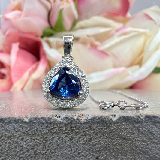 Trillion Blue Sapphire Pendant Necklace White Gold  Sapphire and Moissanite Halo Pendant Unique Wedding Anniversary Bridal Necklace    #7422