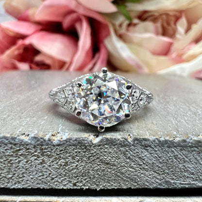 Vintage Antique Old Mine Cut Round Moissanite White Gold Engagement Ring Unique Old Mine Cut Wedding Promise Anniversary Bridal Ring   #7407