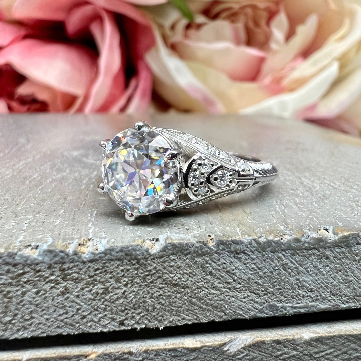 Vintage Antique Old Mine Cut Round Moissanite White Gold Engagement Ring Unique Old Mine Cut Wedding Promise Anniversary Bridal Ring   #7407