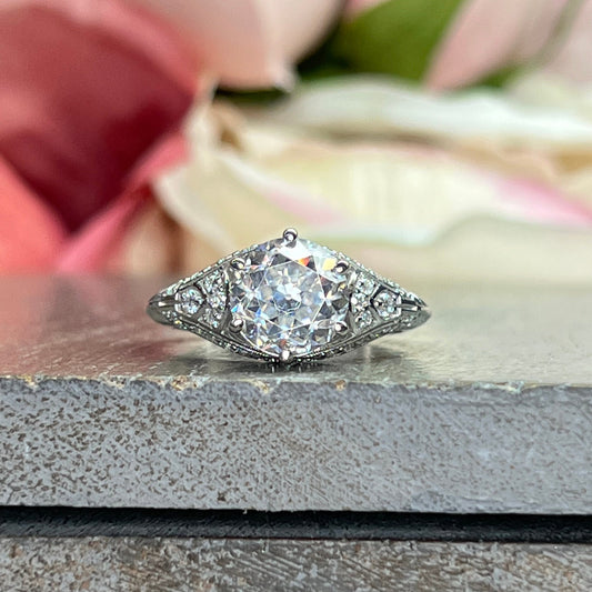 Vintage Antique Old Mine Cut Round Moissanite White Gold Engagement Ring Unique Old Mine Cut Wedding Promise Anniversary Bridal Ring   #7407