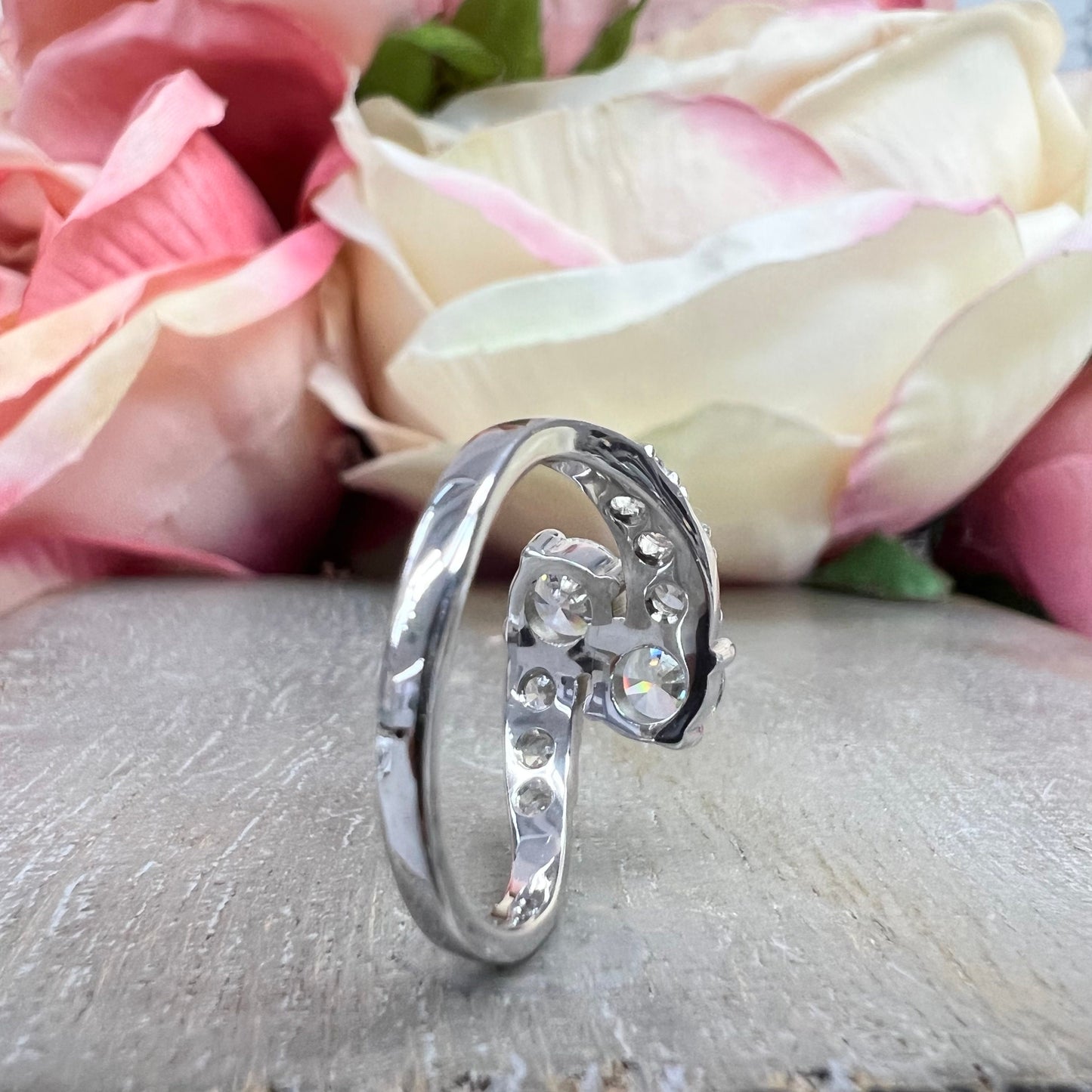 Toi Et Moi  Bypass Ring White Gold Two Stone Round CZ Bypass Ring For Women Dainty Ring Unique Promise Anniversary Bridal Wedding Ring #4621