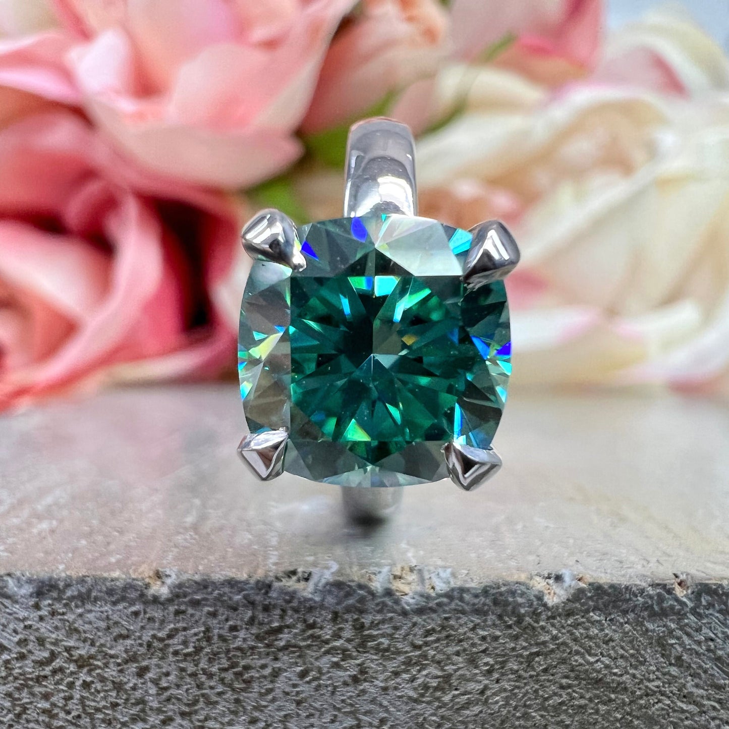 Teal Blue Moissanite Engagement Rings For Women White Gold Cushion Cut Unique Blue Moissanite Engagement Rings Solitaire  Promise Ring #7358