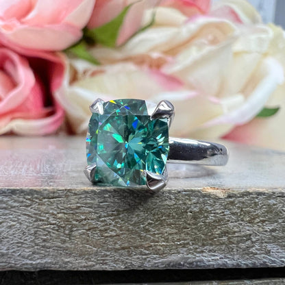 Teal Blue Moissanite Engagement Rings For Women White Gold Cushion Cut Unique Blue Moissanite Engagement Rings Solitaire  Promise Ring #7358