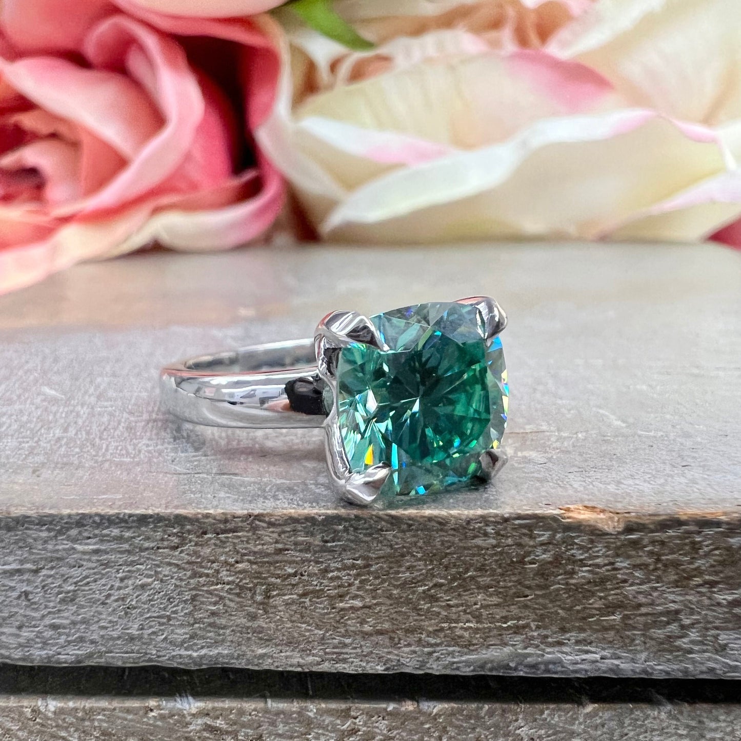 Teal Blue Moissanite Engagement Rings For Women White Gold Cushion Cut Unique Blue Moissanite Engagement Rings Solitaire  Promise Ring #7358