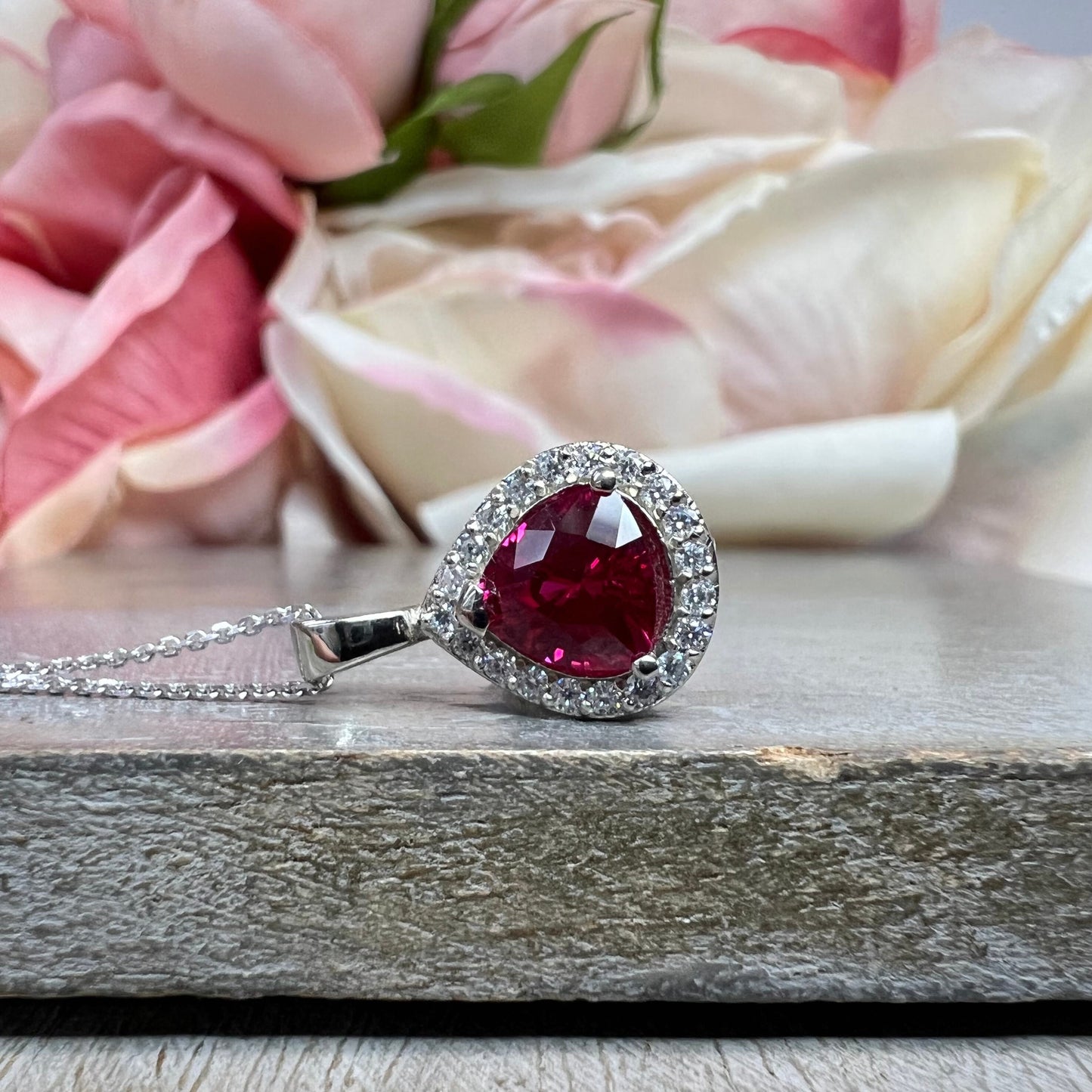 Trillion Ruby Pendant Necklace White Gold Ladies Ruby and Moissanite Halo Pendant Unique Wedding Anniversary Bridal Necklace For Women #7411