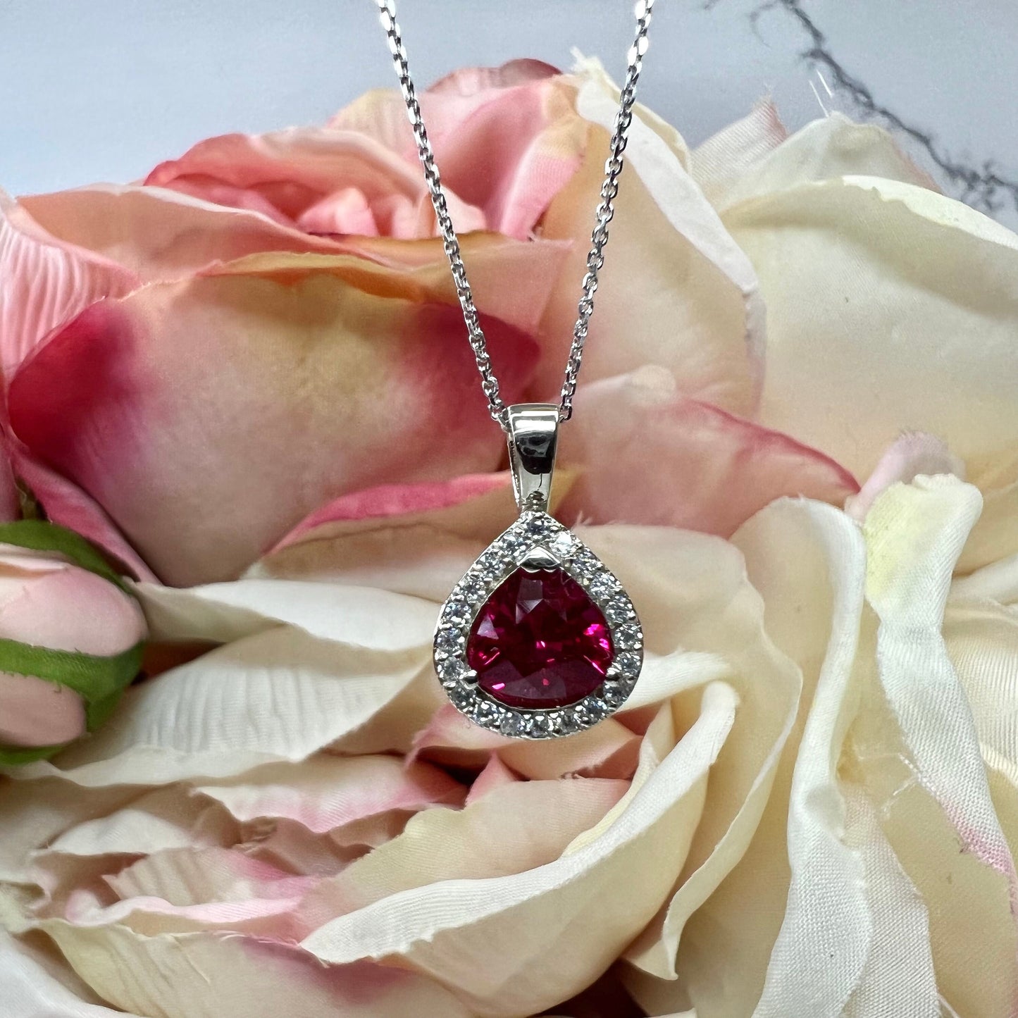 Trillion Ruby Pendant Necklace White Gold Ladies Ruby and Moissanite Halo Pendant Unique Wedding Anniversary Bridal Necklace For Women #7411