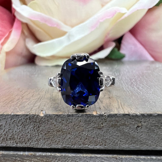 Blue Sapphire Elongated Cushion Cut Engagement Ring White Gold Unique Vintage wedding Promise Anniversary Ring For Women Blue Sapphire #7420