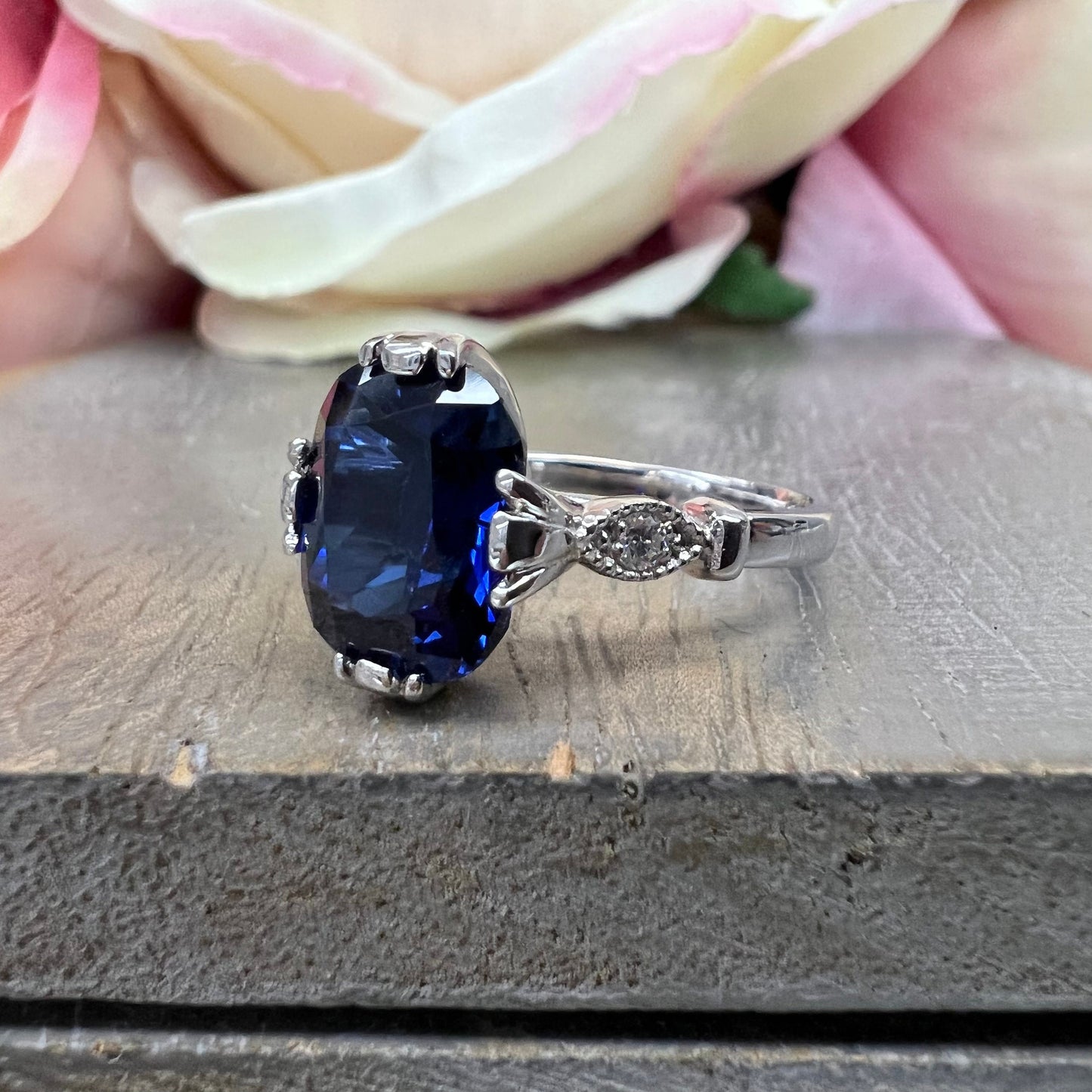 Blue Sapphire Elongated Cushion Cut Engagement Ring White Gold Unique Vintage wedding Promise Anniversary Ring For Women Blue Sapphire #7420