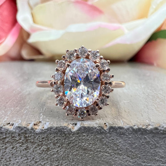 Rose Gold Moissanite Engagement Ring, Oval Shape With Halo Engagement Ring, Oval Moissanite Wedding Ring, Simple Halo Engagement Ring #4798