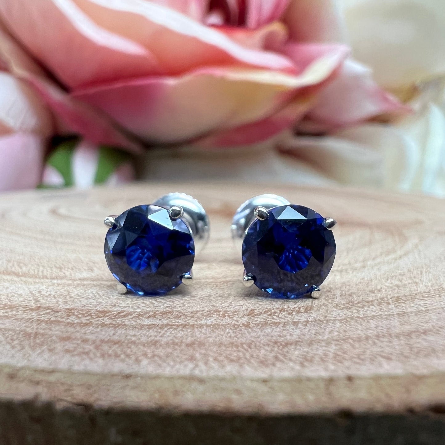 Round Blue Sapphire Stud Earrings 2.00ctw. In 14k White Gold  sapph studs September birthstone dainty stacking stud earrings unisex #6574