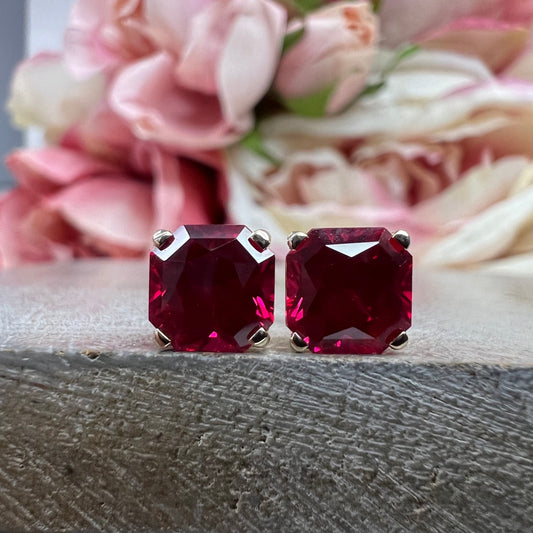 Radiant Cut Studs / Red Ruby Ladies Earring / Dainty Jewelry / 14k yellow Gold / #6229