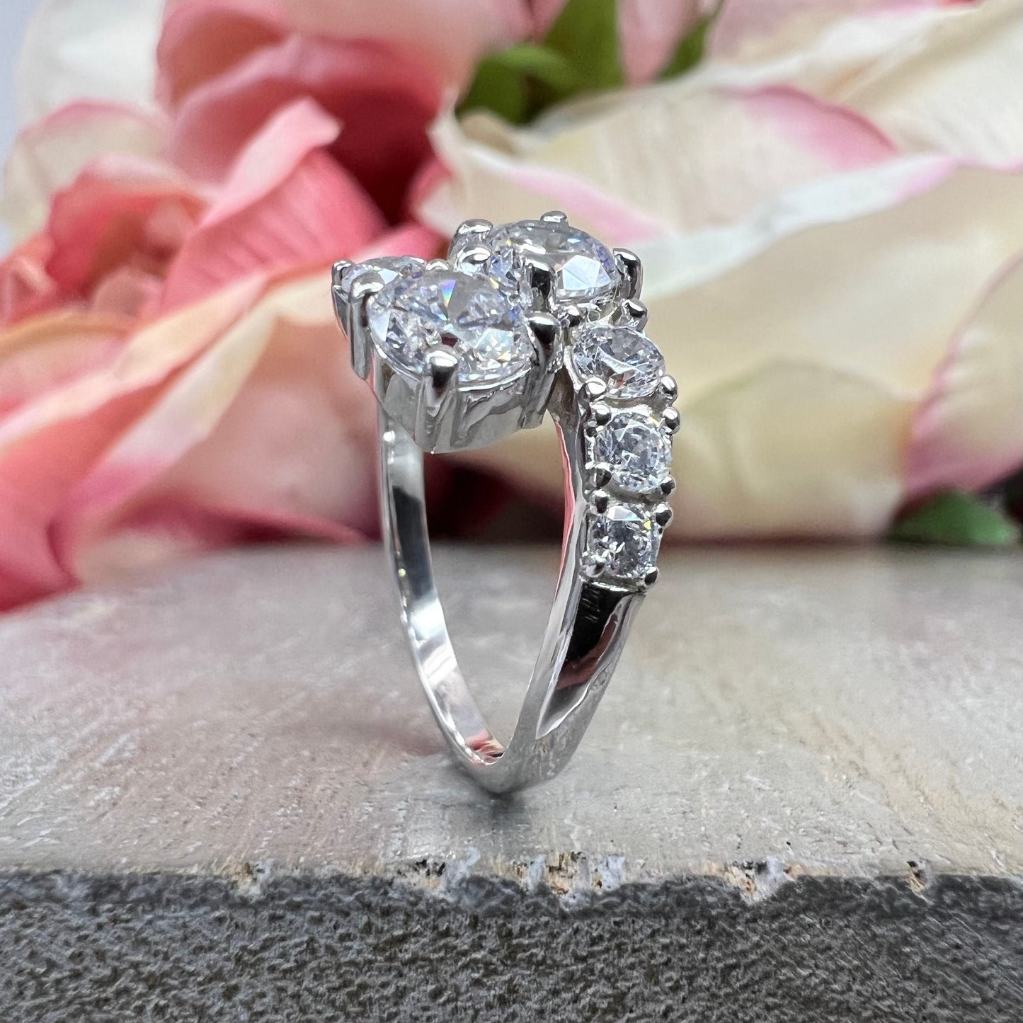 Toi Et Moi  Bypass Ring White Gold Two Stone Round CZ Bypass Ring For Women Dainty Ring Unique Promise Anniversary Bridal Wedding Ring #4621