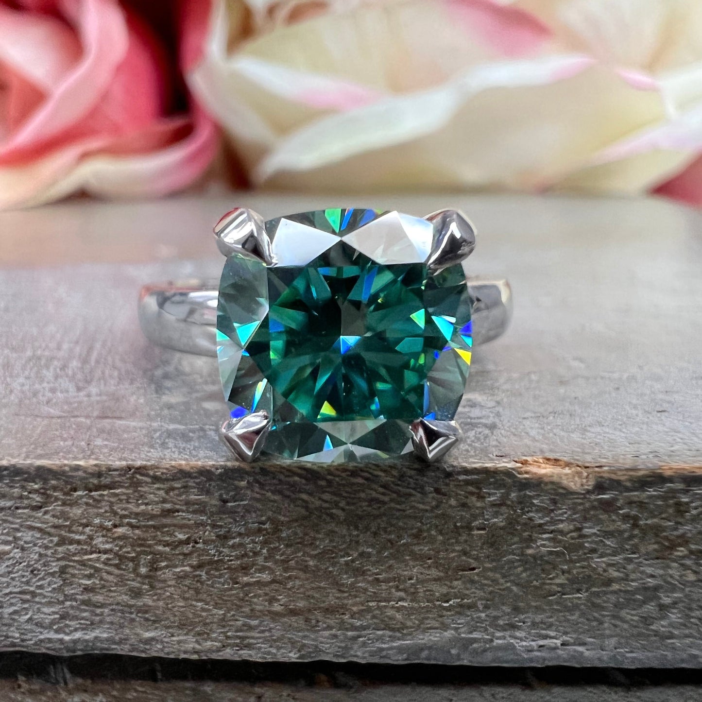 Teal Blue Moissanite Engagement Rings For Women White Gold Cushion Cut Unique Blue Moissanite Engagement Rings Solitaire  Promise Ring #7358