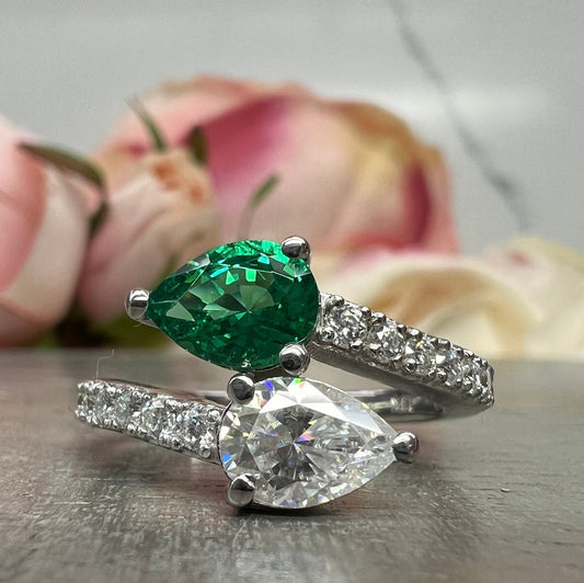 Emerald and Moissanite Pear Shape Bypass Ring White Gold Two Stone Engagement Ring For Women Birthstone Ring Unique Anniversary Rings  #7434