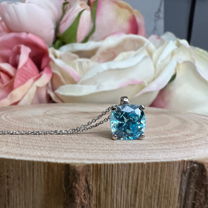 Cushion Cut Aquamarine Pendant Necklace 14K White Gold, Layering Aquamarine Pendant March Birthstone Pendant Necklace Dainty Necklace  #7458