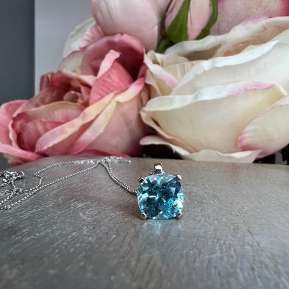 Cushion Cut Aquamarine Pendant Necklace 14K White Gold, Layering Aquamarine Pendant March Birthstone Pendant Necklace Dainty Necklace  #7458