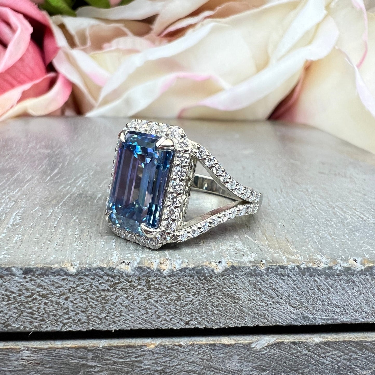 Blue Grey Moissanite Emerald Cut Halo White Gold Split Shank Moissanite Engagement Ring Unique Vintage Anniversary Wedding Promise Ring