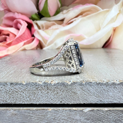 Blue Grey Moissanite Emerald Cut Halo White Gold Split Shank Moissanite Engagement Ring Unique Vintage Anniversary Wedding Promise Ring