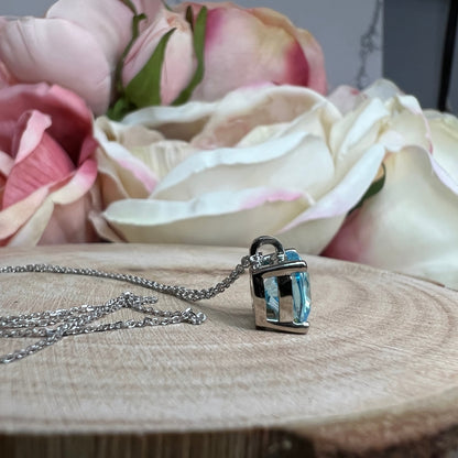 Cushion Cut Aquamarine Pendant Necklace 14K White Gold, Layering Aquamarine Pendant March Birthstone Pendant Necklace Dainty Necklace  #7458