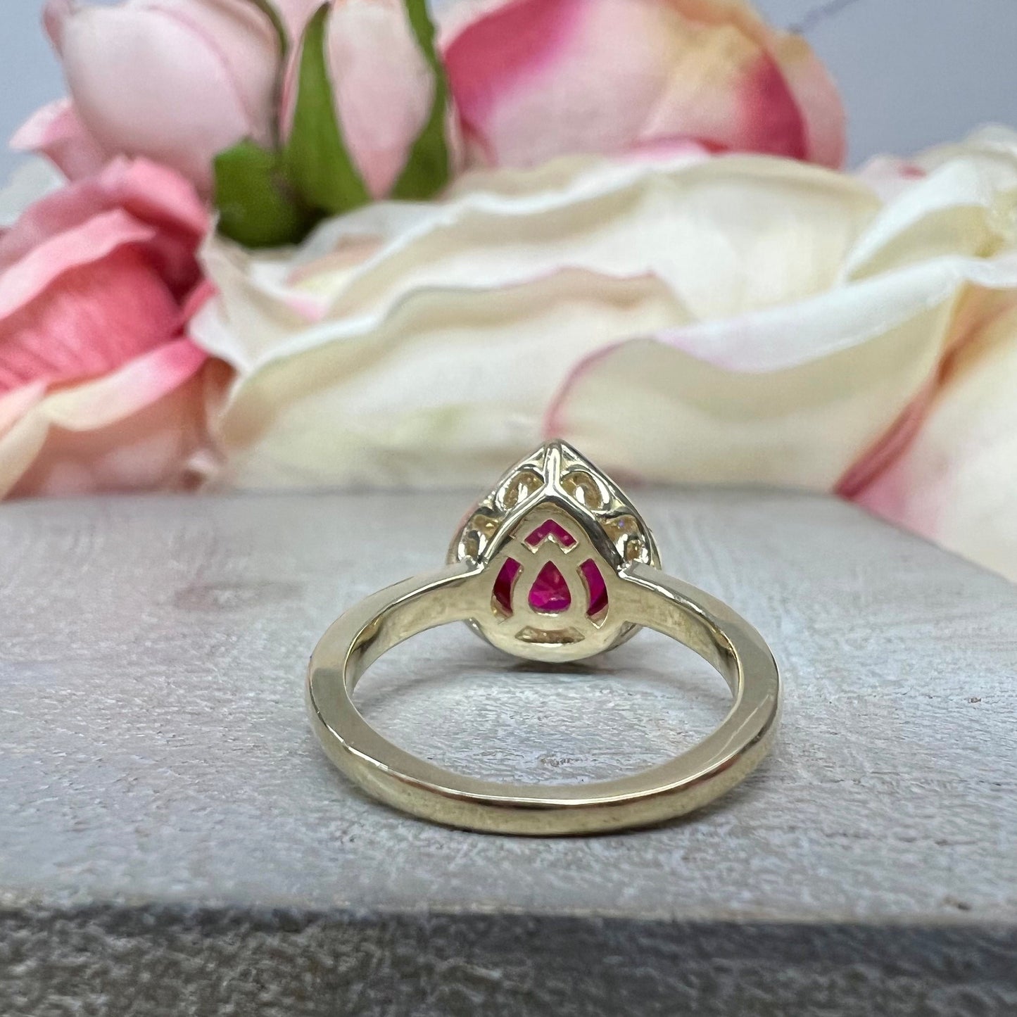 Pear Shaped Ruby With Moissanite Halo Engagement Ring 14K Yellow Gold, Teardrop Pear Solitaire Engagement Ring, Red Gem Wedding Rings, #7485