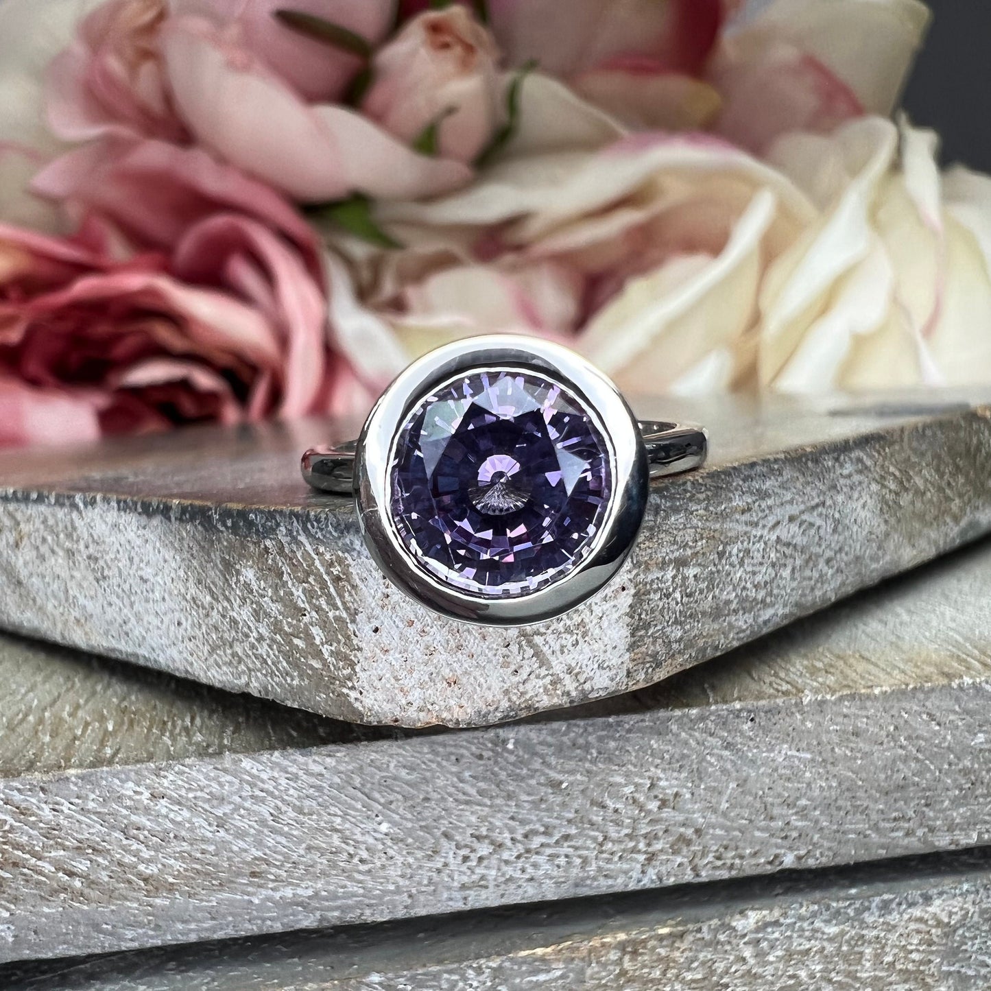 Alexandrite ring 14k white gold, June birthstone ring, Bezel set alexandrite engagement ring, Round alexandrite ring handmade jewelry