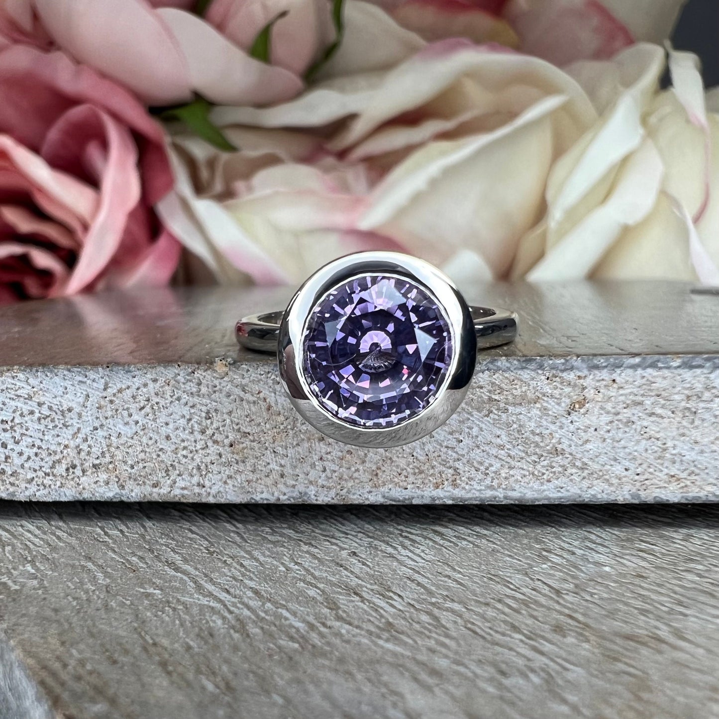 Alexandrite ring 14k white gold, June birthstone ring, Bezel set alexandrite engagement ring, Round alexandrite ring handmade jewelry