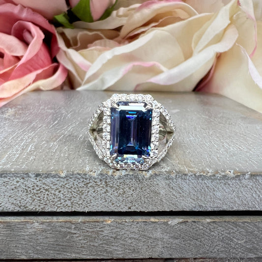 Blue Grey Moissanite Emerald Cut Halo White Gold Split Shank Moissanite Engagement Ring Unique Vintage Anniversary Wedding Promise Ring