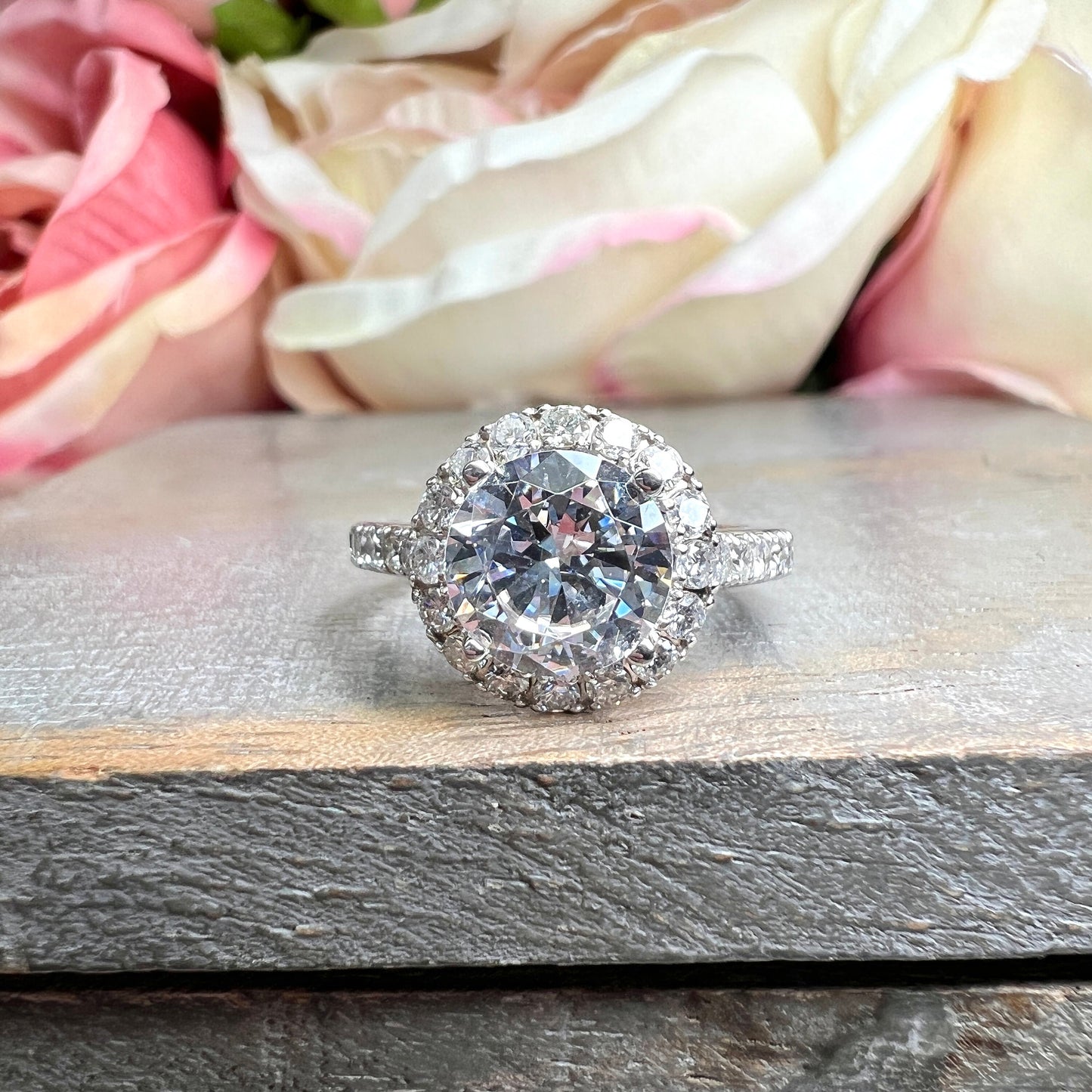 Round cut moissanite halo white gold engagement ring, Vintage style round moissanite promise anniversary ring, Art Deco Dainty rings, #7477