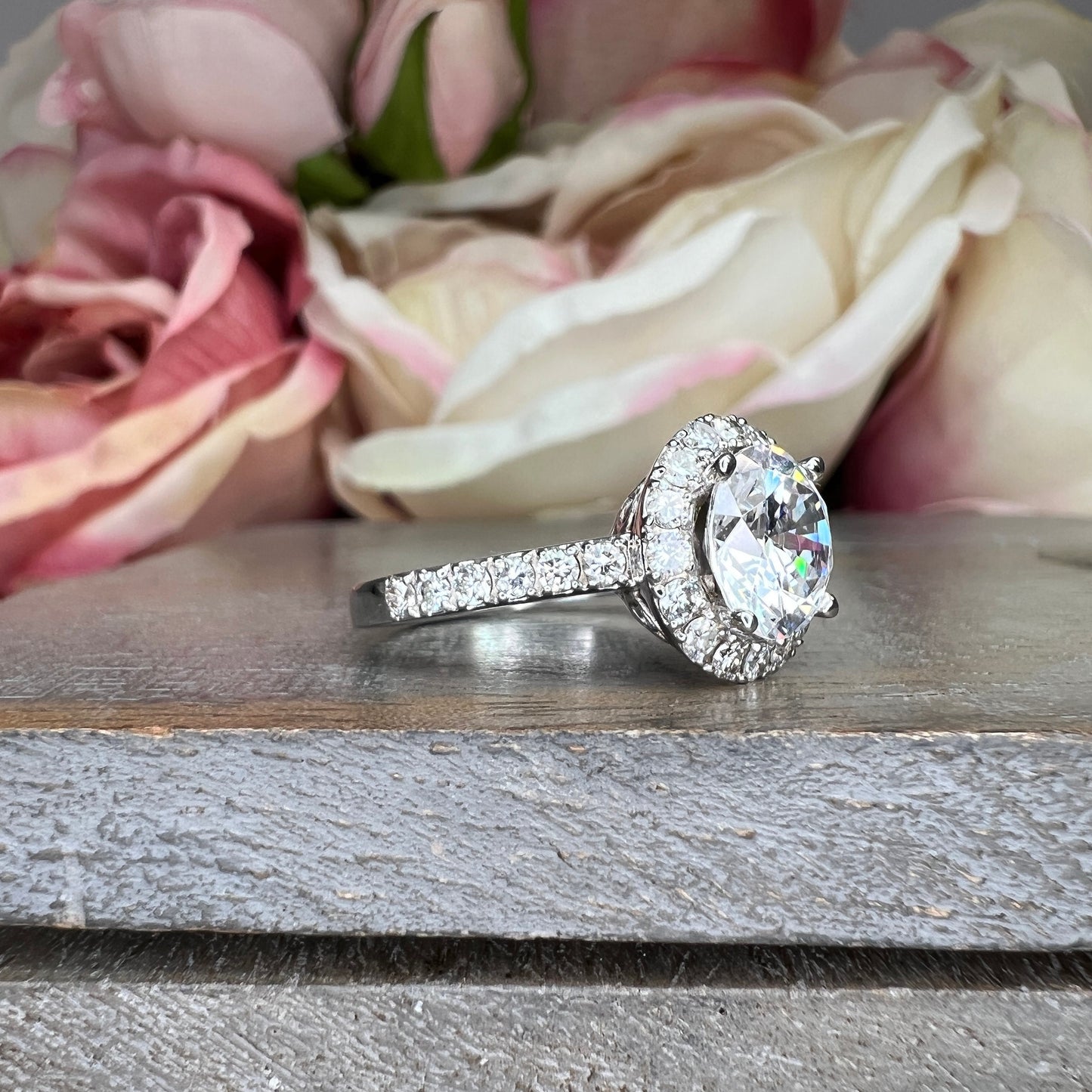 Round cut moissanite halo white gold engagement ring, Vintage style round moissanite promise anniversary ring, Art Deco Dainty rings, #7477