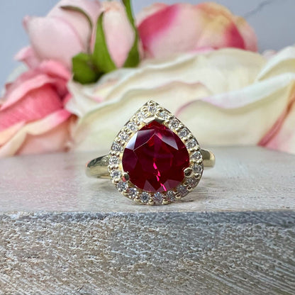 Pear Shaped Ruby With Moissanite Halo Engagement Ring 14K Yellow Gold, Teardrop Pear Solitaire Engagement Ring, Red Gem Wedding Rings, #7485