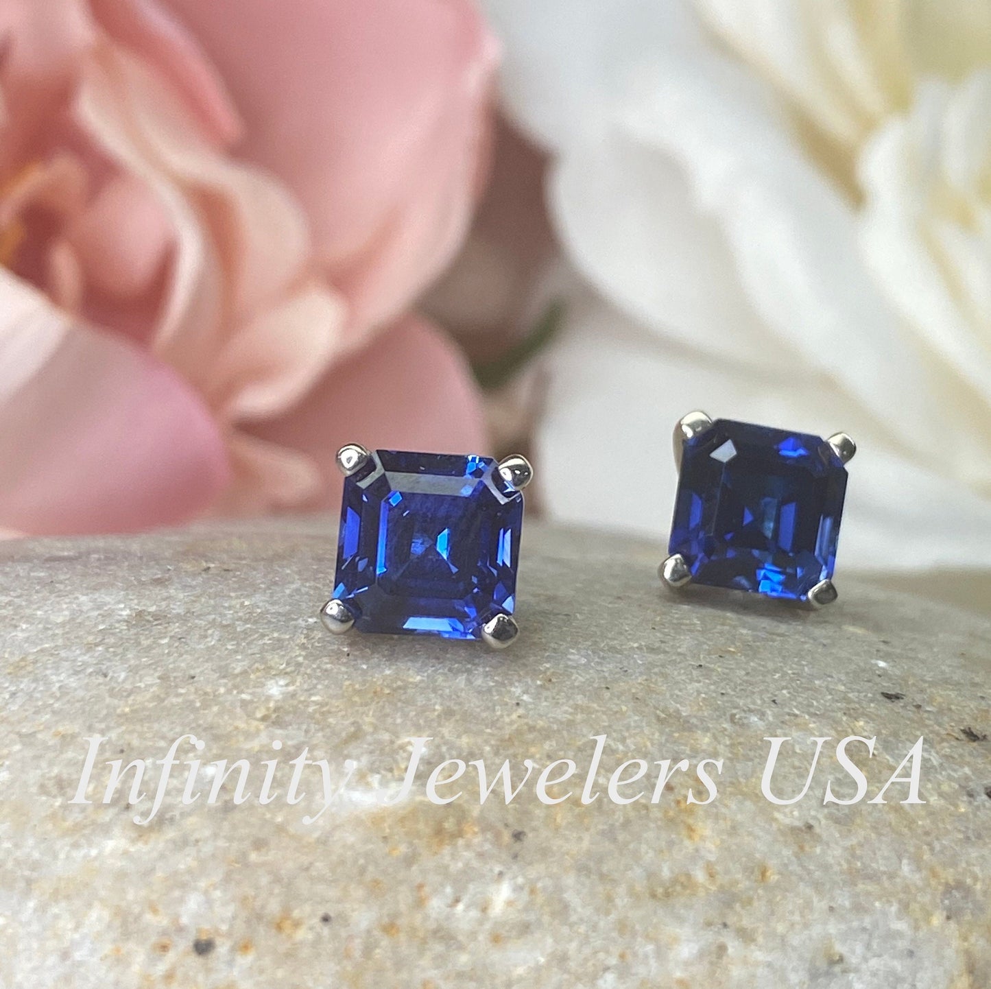 Blue Sapphire Earrings Sapphire Stud Earrings 14k White Gold, September Birthstone Earrings, Asscher Cut Sapphire Stud Earrings, Studs,#6155