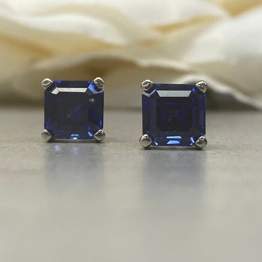 Blue Sapphire Earrings Sapphire Stud Earrings 14k White Gold, September Birthstone Earrings, Asscher Cut Sapphire Stud Earrings, Studs,#6155