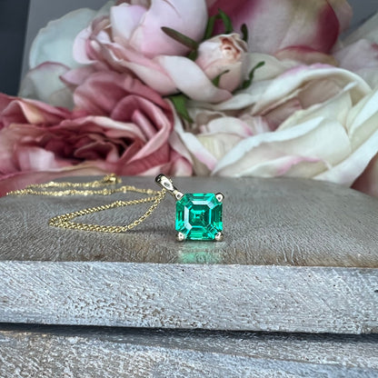 Asscher Cut Ladies Necklace / Emerald Pendant With Chain / Floating Pendant 14k White Gold