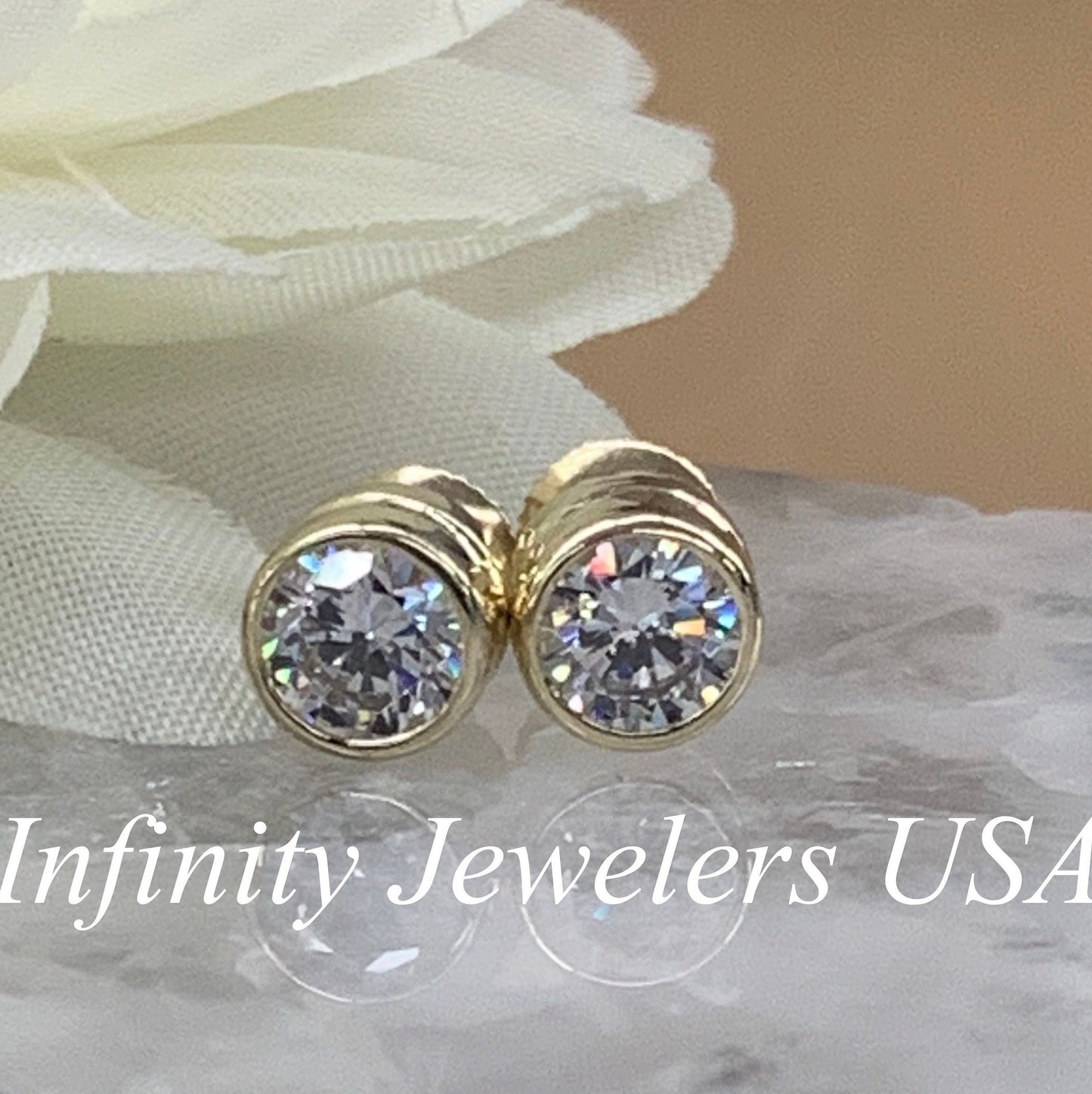 Round Moissanite Earrings 14K Yellow Gold, Bezel Set Moissanite Earrings, Round Shape Earrings With Moissanite, Forever One Moissanite, 6627