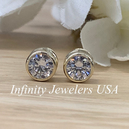 Round Moissanite Earrings 14K Yellow Gold, Bezel Set Moissanite Earrings, Round Shape Earrings With Moissanite, Forever One Moissanite, 6627