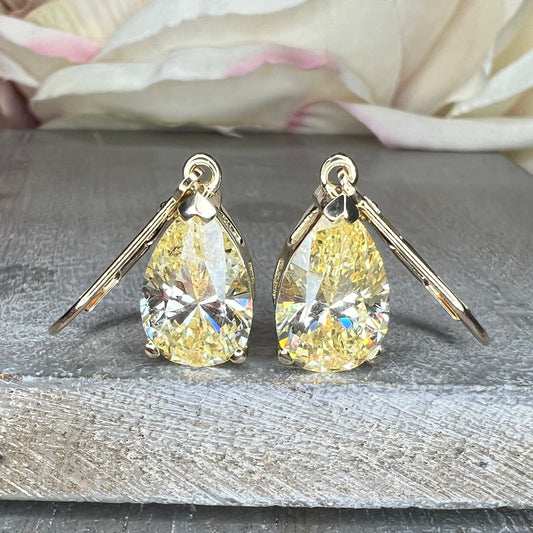 Pear Shape Canary Yellow Dangle Earrings, 14k Gold Earrings, Lever Back Earrings, Bridal Earrings, Pear Shape Dangle, Gift For Her #6843