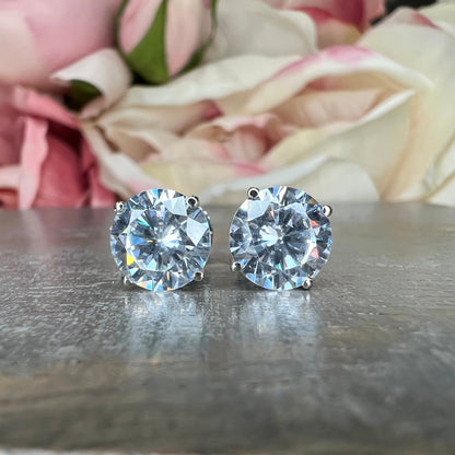 Round CZ Stud Earrings 14K White Gold , Unisex Stud Cubic Zirconia Earrings , Pierced Earrings Screw Back Large Round Stud Earrings  #7071