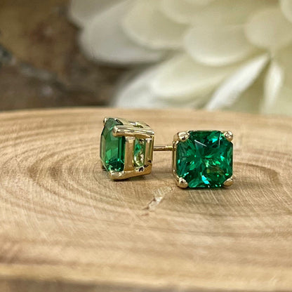 Radiant Cut Stud Earring 14k Yellow Gold, Green Emerald Stud Earrings, Square Earrings Yellow Gold, Unisex Earring Emerald Radiant Cut #6228