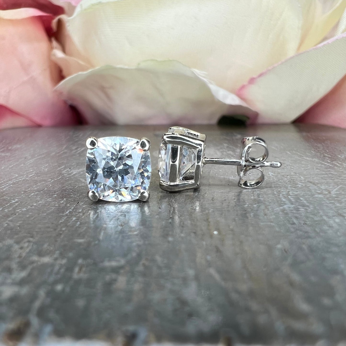 Moissanite Earrings , Cushion Cut Stud Earrings 14K White Gold , Simulated Diamond Stud Earrings , 350ctw Moissanite Earrings   #7153