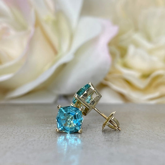 Blue Stone Stud Earrings, Web Cut Stud Earrings,  Neon Blue Paraiba Earrings, Octagon Earrings, 14k White Gold Studs