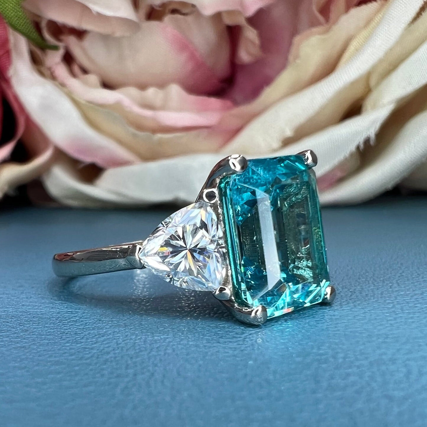 Paraiba Tourmaline Engagement Ring White Gold Emerald Cut Neon Blue Paraiba Tourmaline Ring For Women Unique Ring Moissanite Trillions #6824