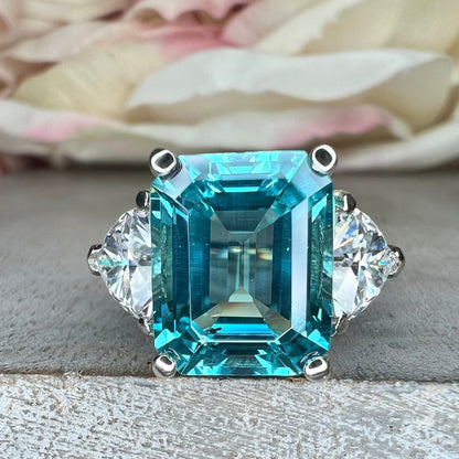 Paraiba Tourmaline Engagement Ring White Gold Emerald Cut Neon Blue Paraiba Tourmaline Ring For Women Unique Ring Moissanite Trillions #6824